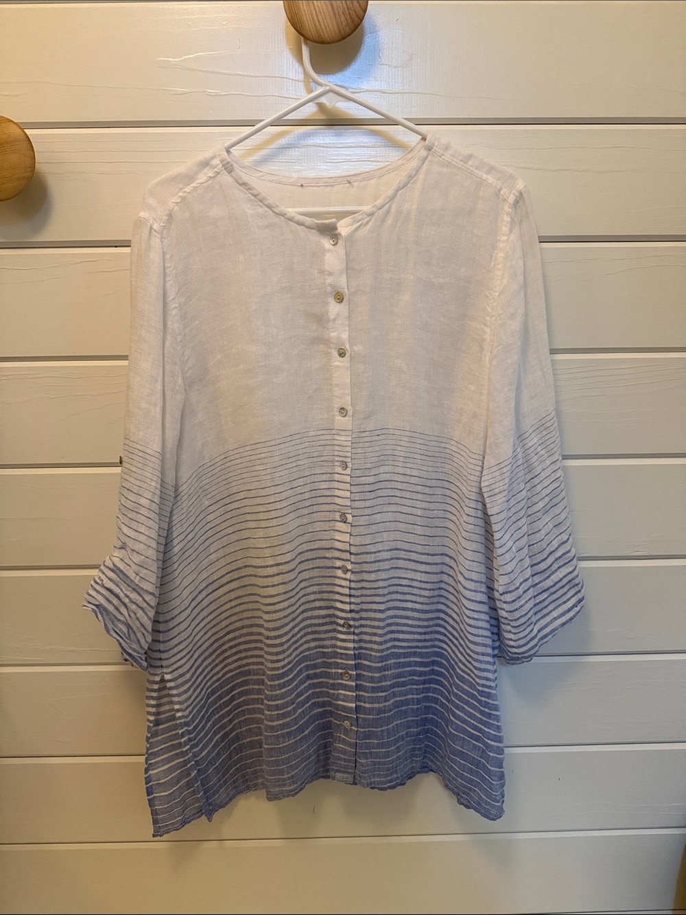 100% Linen Lightweight Button-Front Ombre Stripe Tunic — White to Blue